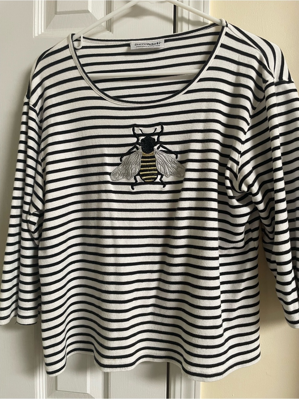 Serengeti Black & White Striped Long Sleeve Top with Bee Patch